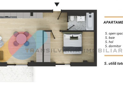 Apartament finisat cu 2 camere –55 mp utili + parcare subterană, Terra Residence