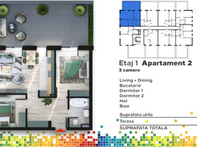 Apartament 3 camere, 62.73 mp utili + terasa 31.20 mp, zona Iris